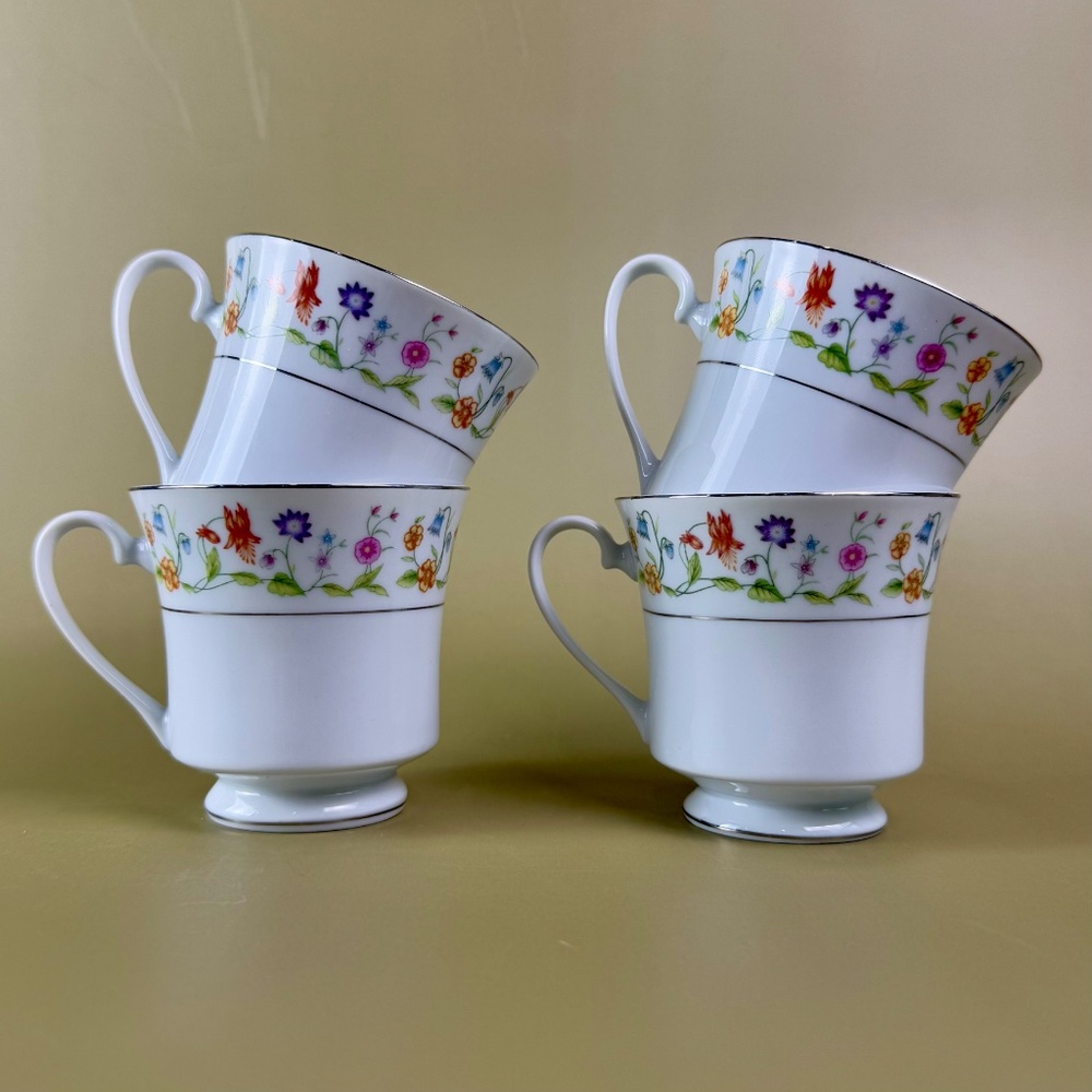 Vintage Eternal Love Footed Cups by Ashley | Set of 4 | Platinum Trim